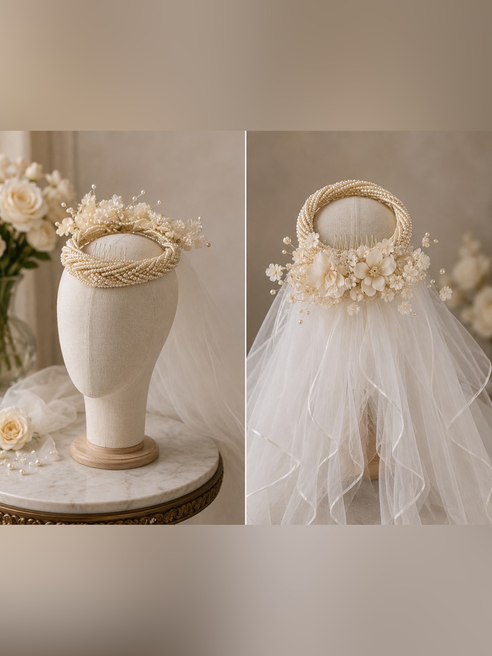Vintage Ivory Pearl Floral Bridal Halo with Veil